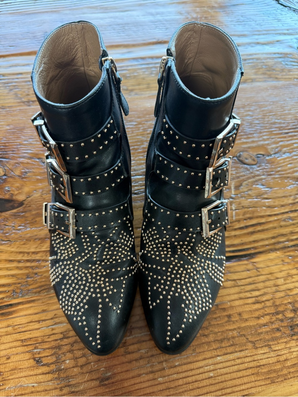 Black and Gold Studded Buckle Ankle Boots - Women Shoes